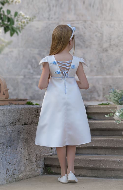 Petite Maison Kids Daphne Satin Dress With Blue Embroidery In White And Baby Blue