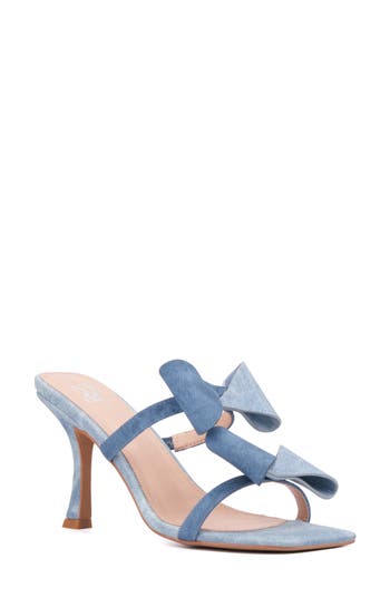 Shop New York And Company Dalila Bow Slide Sandal In Blue Denim Pu