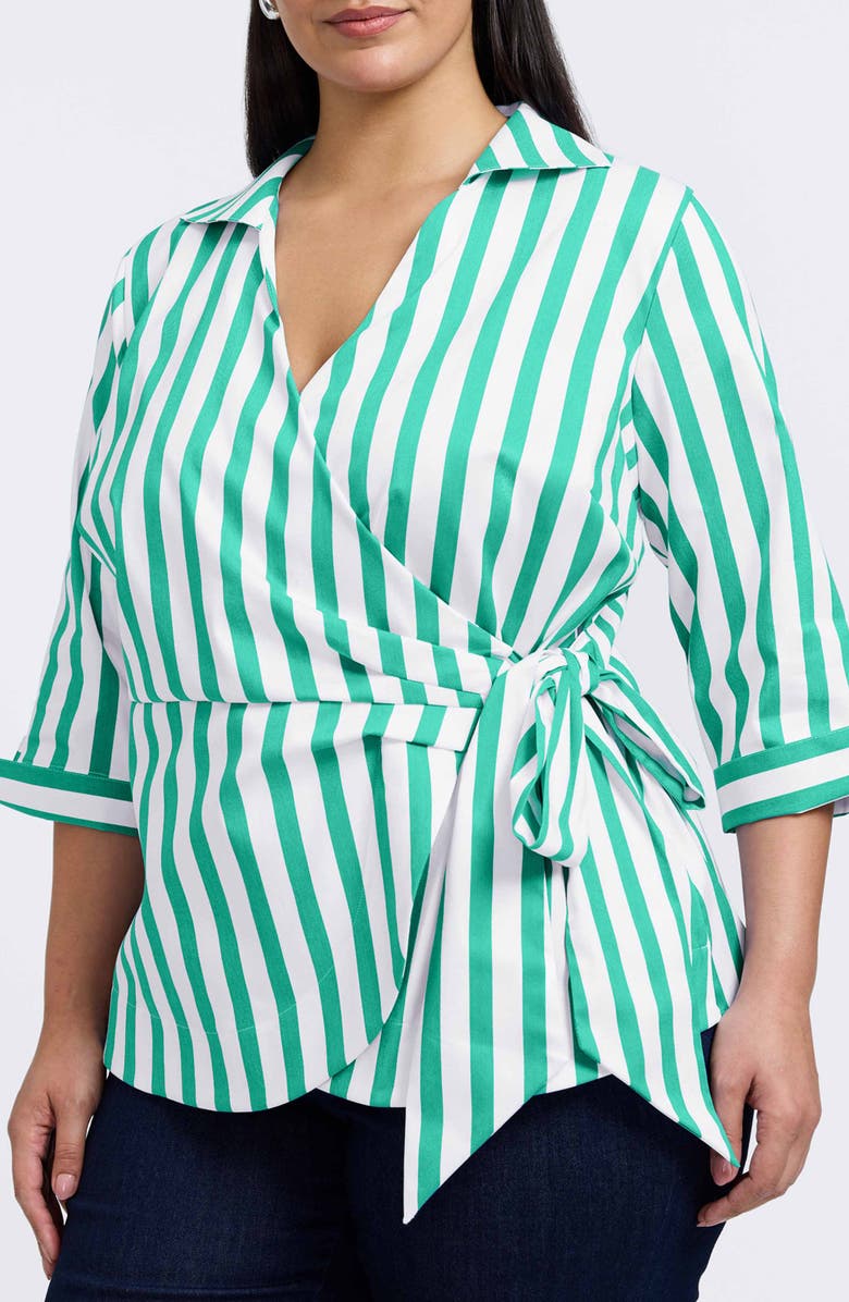 Foxcroft Salina Stripe Cotton Blend Wrap Shirt, Main, color, Kelly Green/ White