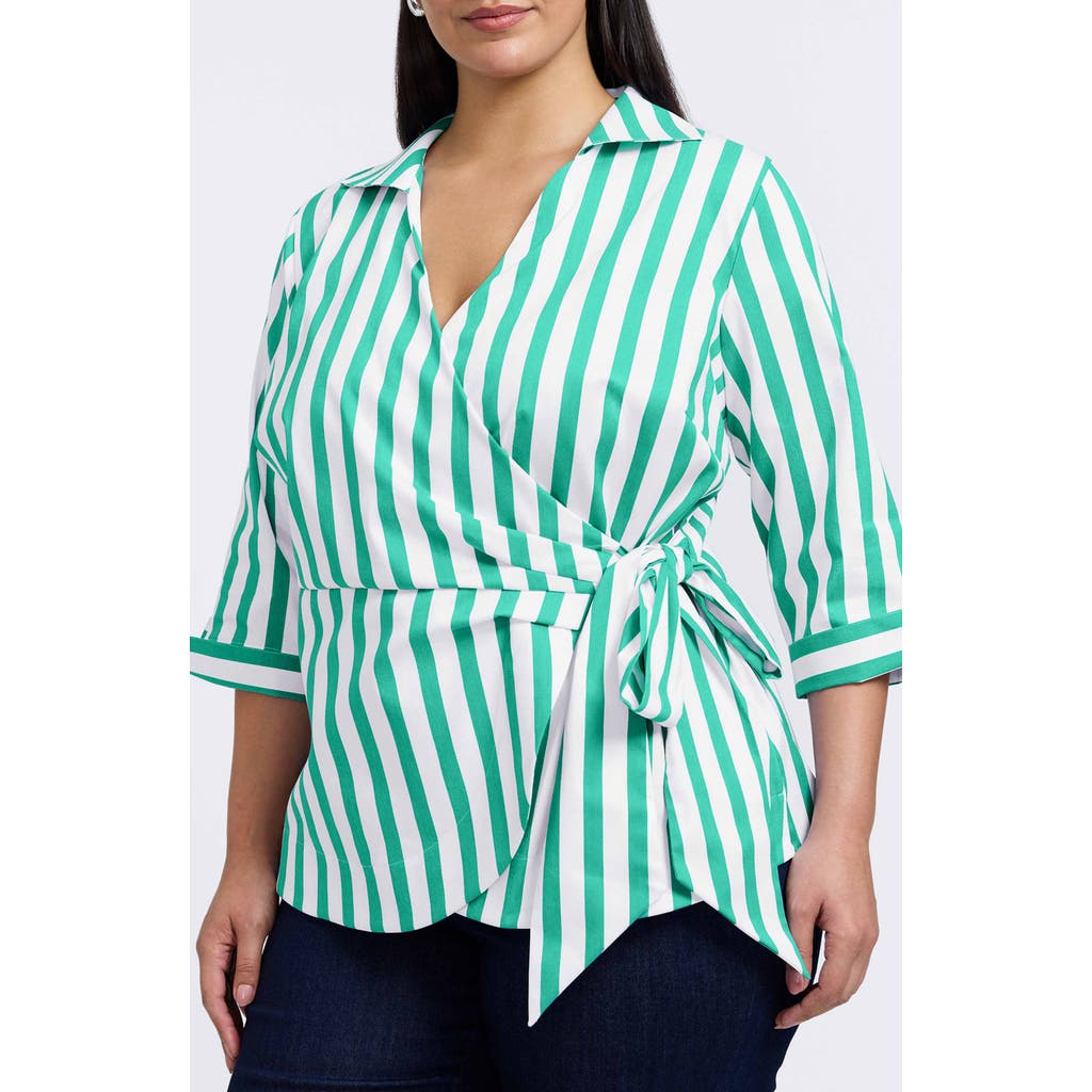 Foxcroft Salina Stripe Cotton Blend Wrap Shirt In Green