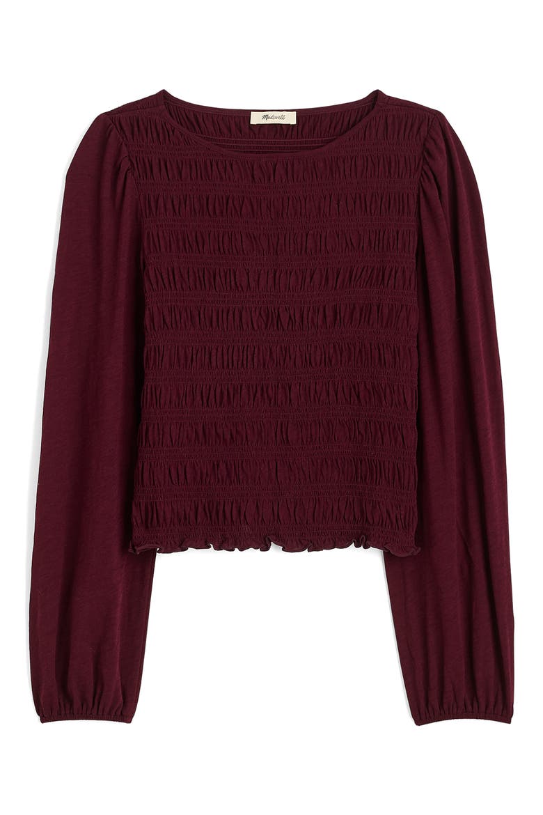 Smocked Boat Neck Long Sleeve Cotton Top, Alternate, color, DARK POMEGRANATE