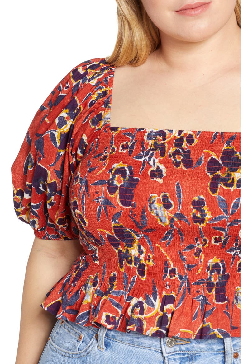 Print Smocked Crop Top, Alternate, color, RED OCHRE ABSTRACT FLORAL