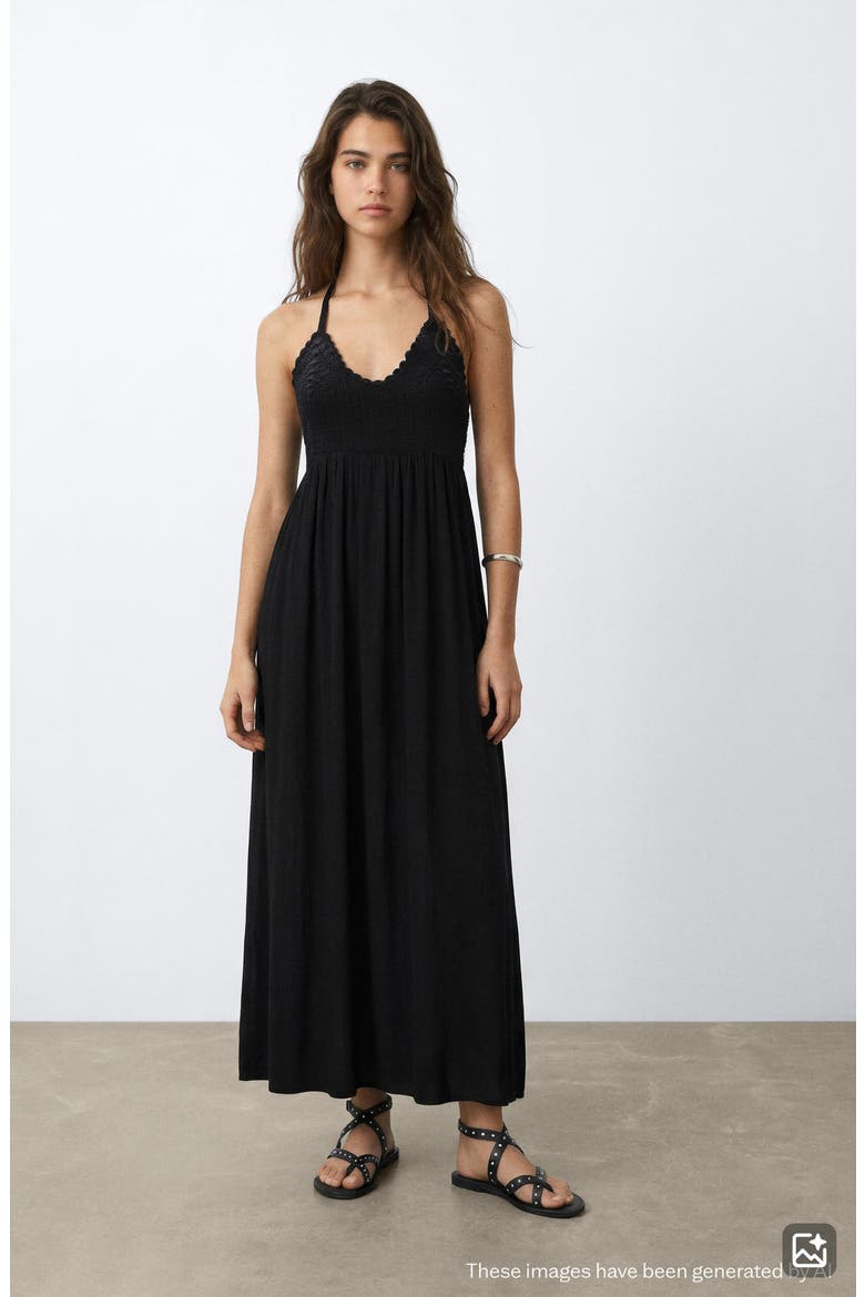 Cotton Crochet Overlay Bodice Maxi Sundress, Alternate, color, BLACK