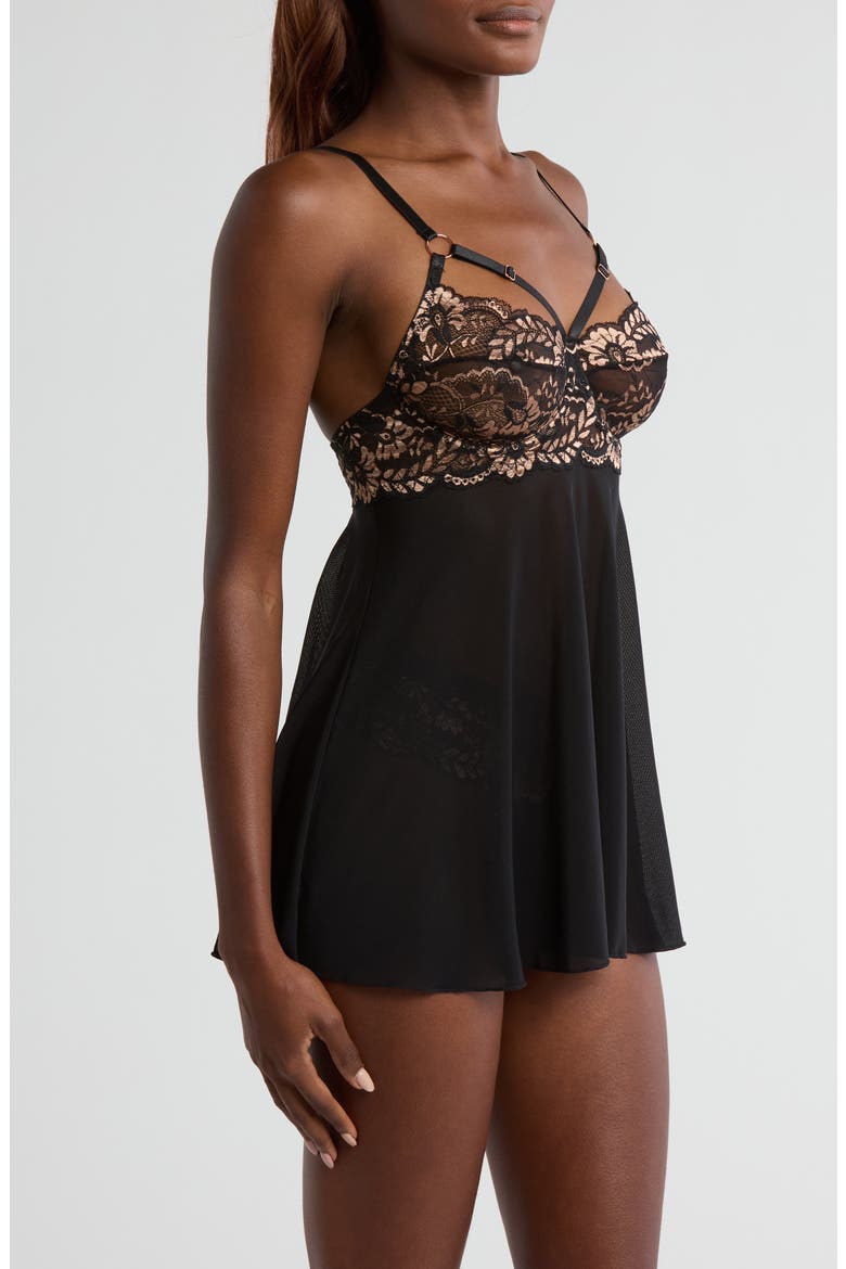 Underwire Babydoll Chemise & Thong Set, Alternate, color, BLACK