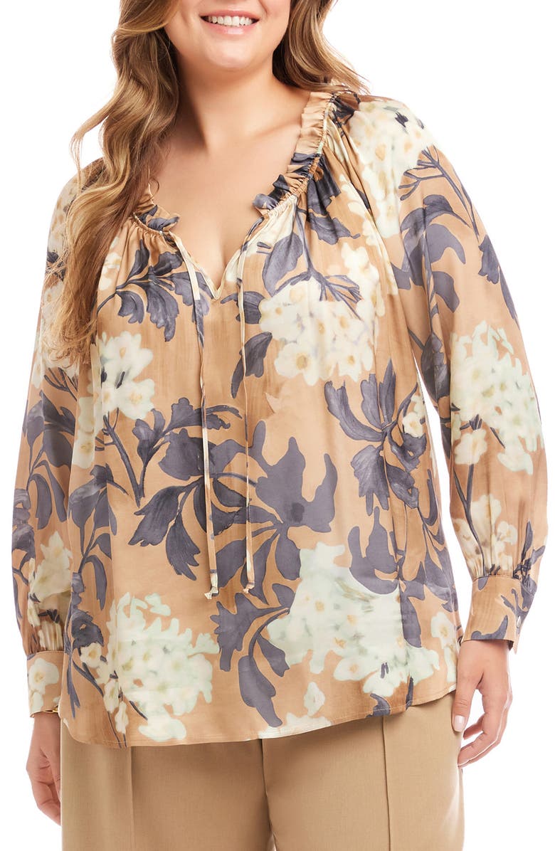 Karen Kane Floral Gathered Neck Satin Peasant Top, Main, color, Floral Print