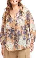 Karen Kane Floral Gathered Neck Satin Peasant Top