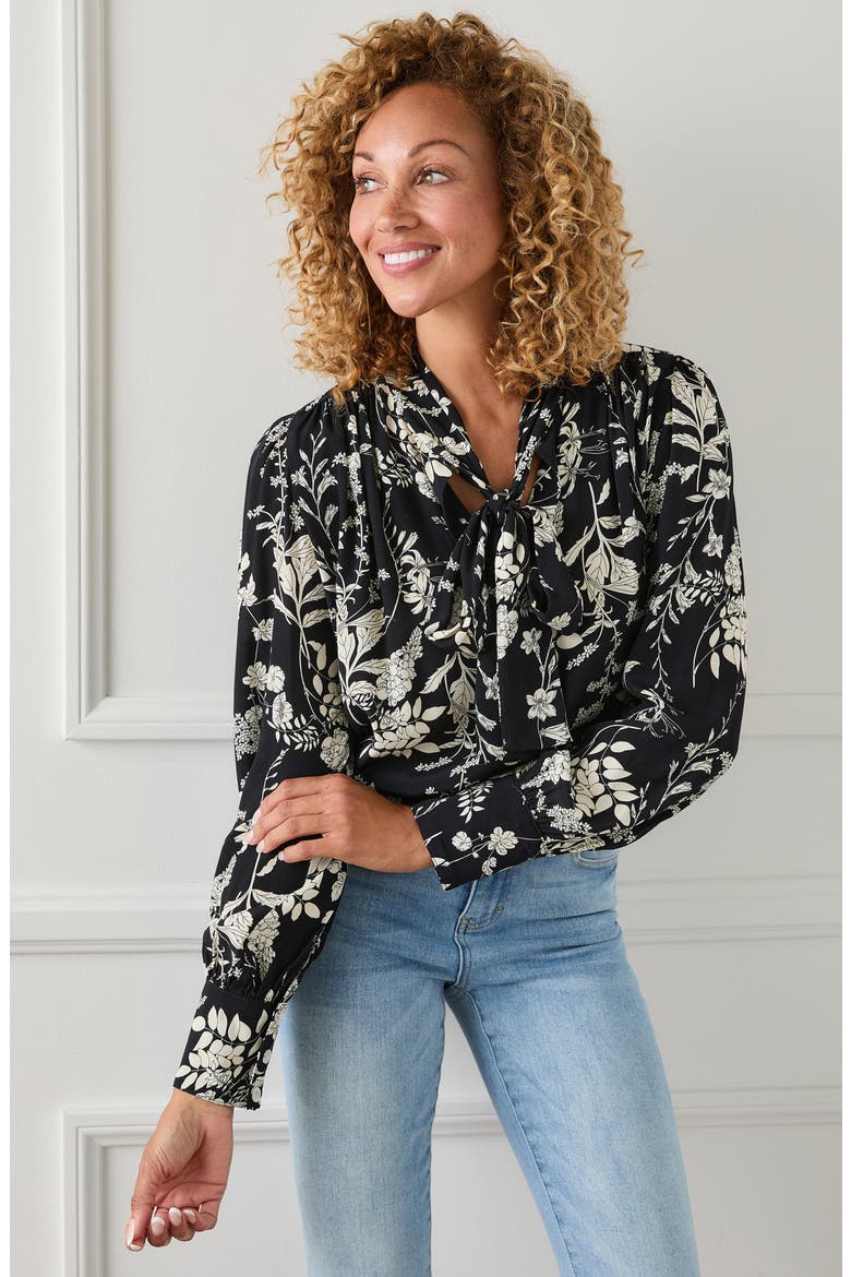 Tie Neck Floral Print Blouse, Alternate, color, BLACK W/ CREAM