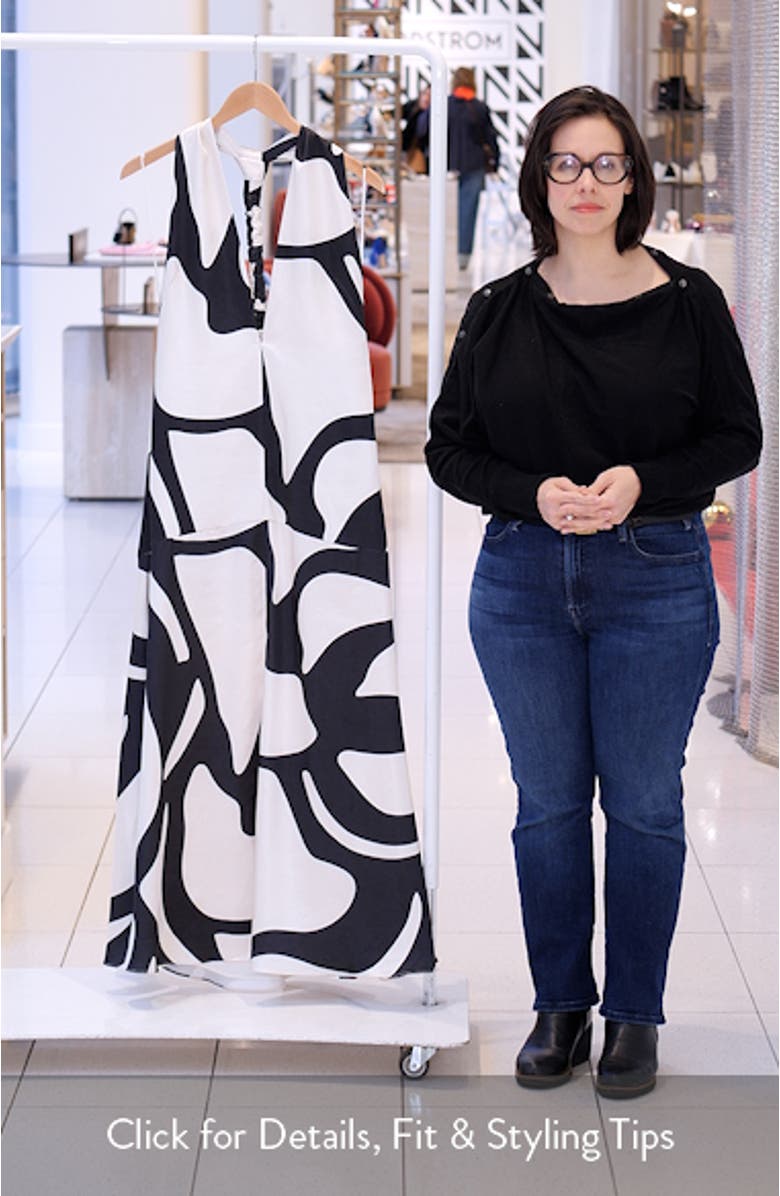 The Nia Abstract Print Halter Plunge Neck Dress, sales video thumbnail