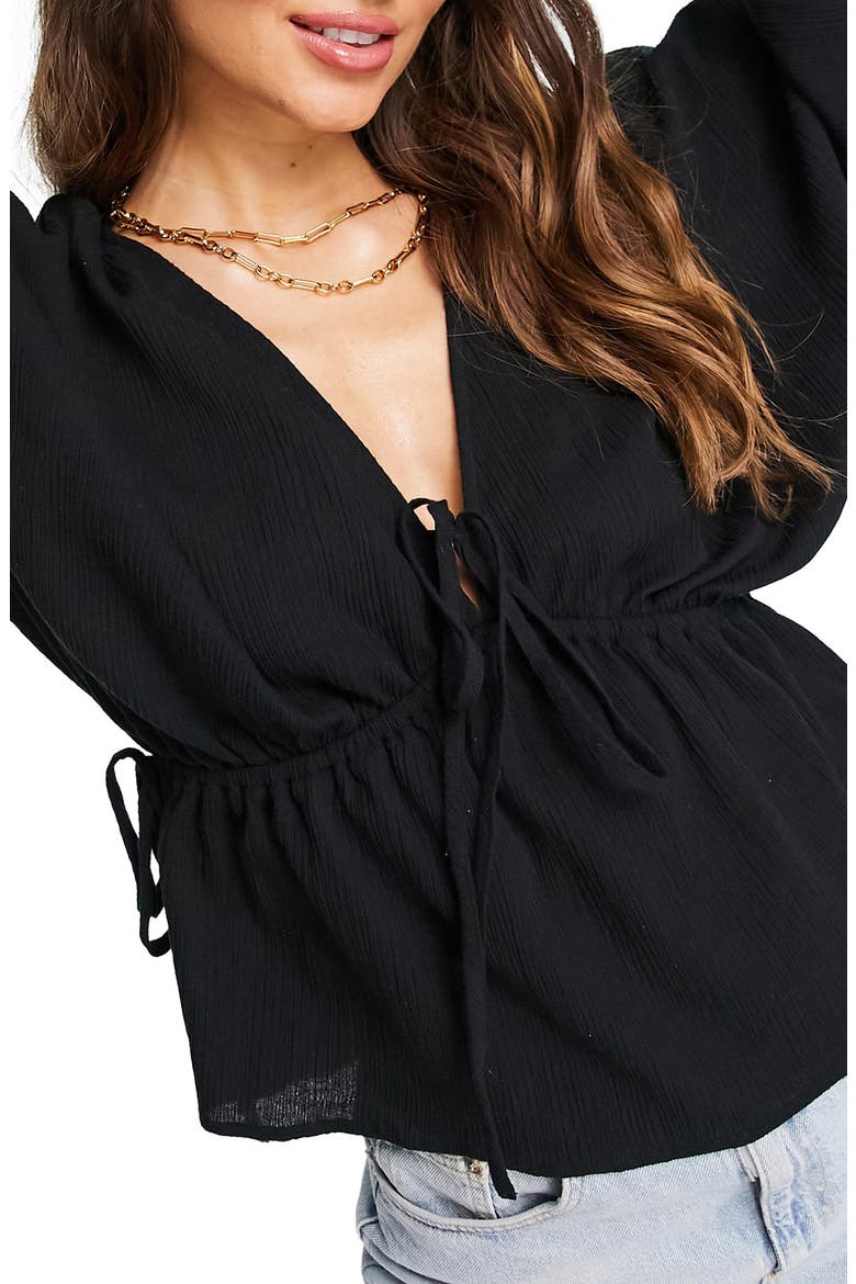 Drawstring Waist Cotton & Linen Top, Main, color, BLACK