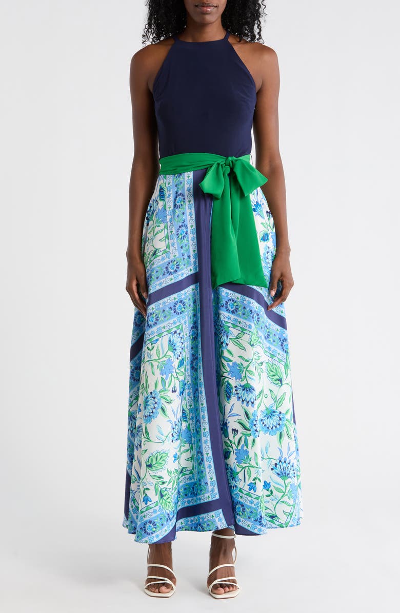 Eliza J Halter Neck Twofer Maxi Dress, Main, color, Navy Multi