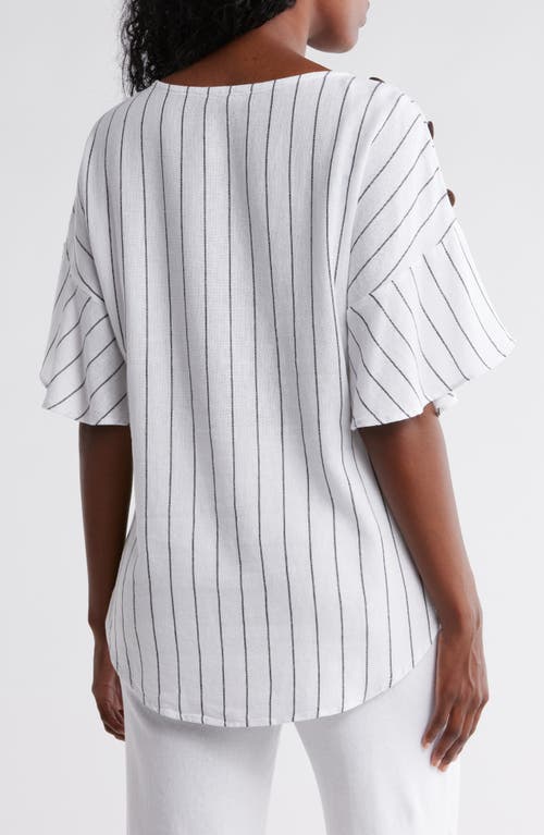 Ellen Tracy Round Neck Button Detail Linen Blend Top In White