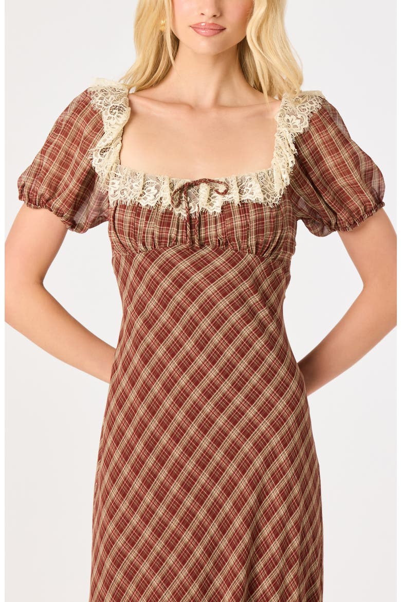 Edwardine Lace Trim Plaid Midi Dress, Alternate, color, WINE PLAID
