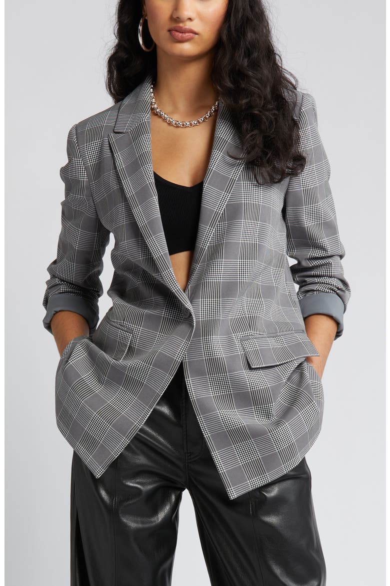 Plaid Bracelet Sleeve Blazer, Alternate, color, GREY SOLY PLAID