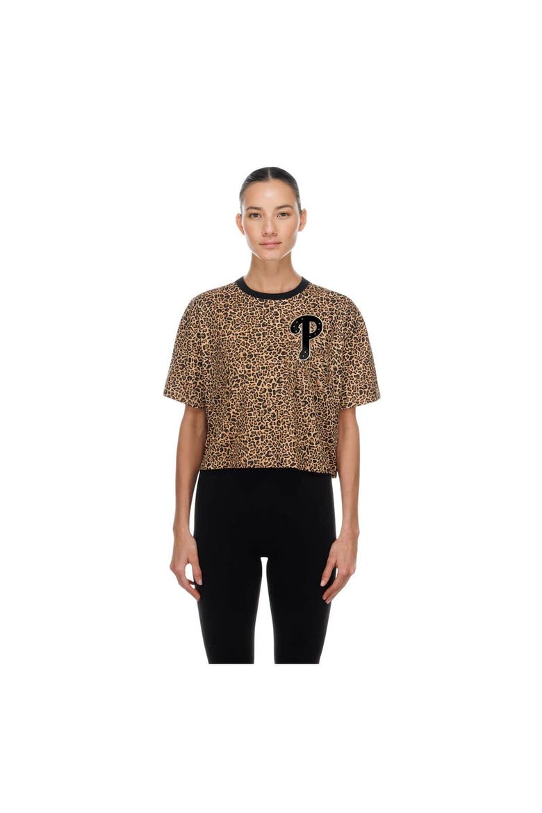 Women's New Era  Brown Philadelphia Phillies Leopard Boxy Cropped T-Shirt, Main, color, Brown