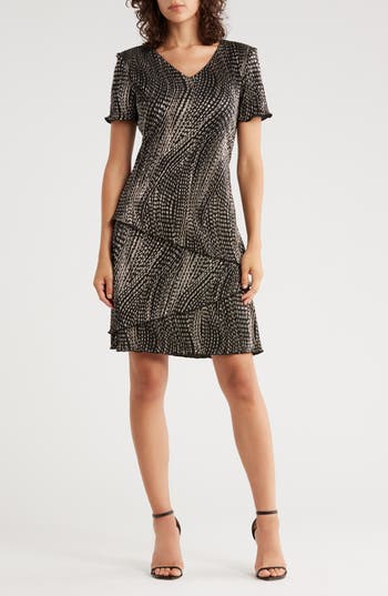 Connected Apparel Metallic Tiered Plissé Dress In Black