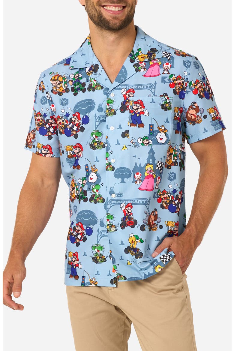 Mario Kart Short Sleeve Button-Up Shirt, Main, color, BLUE