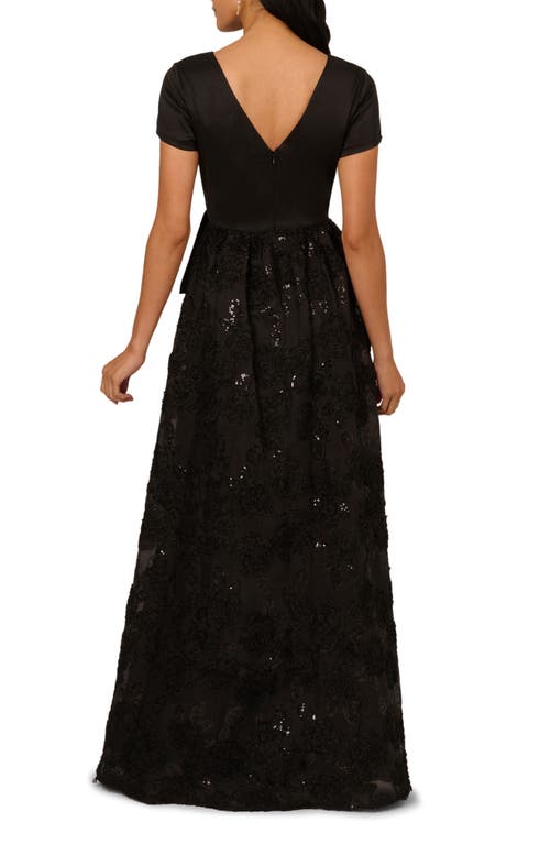 Adrianna Papell Soutache Floral Detail A-line Gown In Black