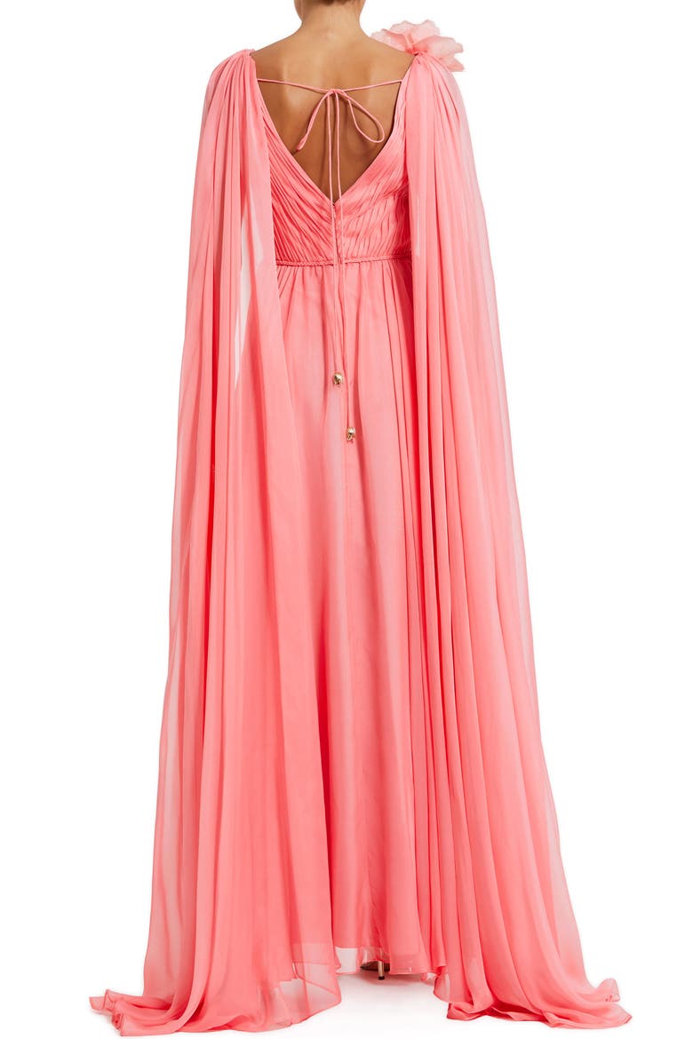 Chiffon V-Neck Cape Sleeve Gown with Floral Shoulder Detail, Alternate, color, Hibiscus