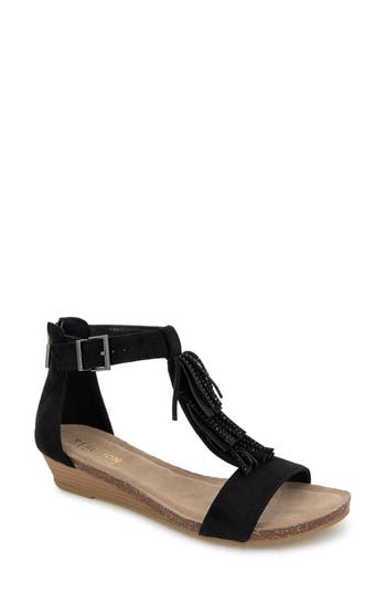 Reaction Kenneth Cole Glytoni Fringe T-strap Sandal In Black Micro