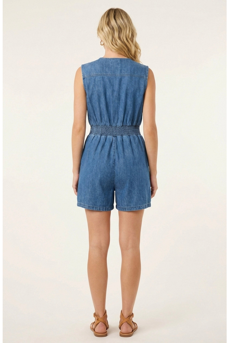 Denim Cap Sleeve Smocked Romper, Alternate, color, Medium Wash Blue