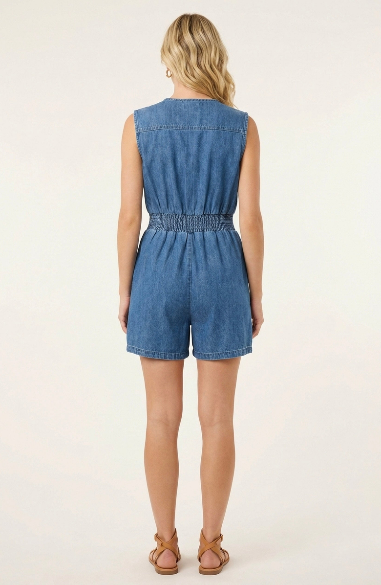Modenaire Denim Cap Sleeve Smocked Romper, Alternate, color, Medium Wash Blue