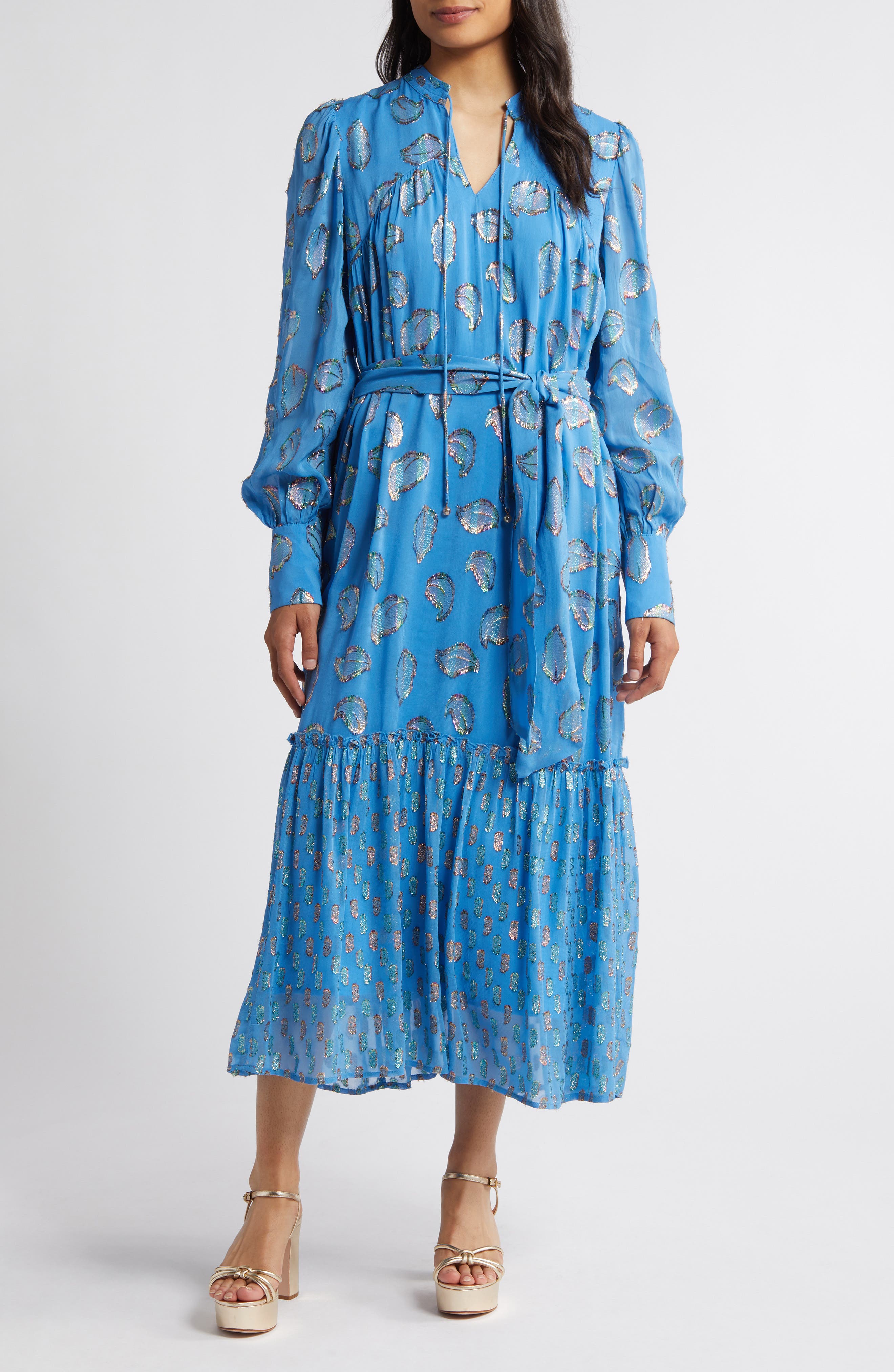 CIEBON Eriana Metallic Long Sleeve Belted Maxi Dress