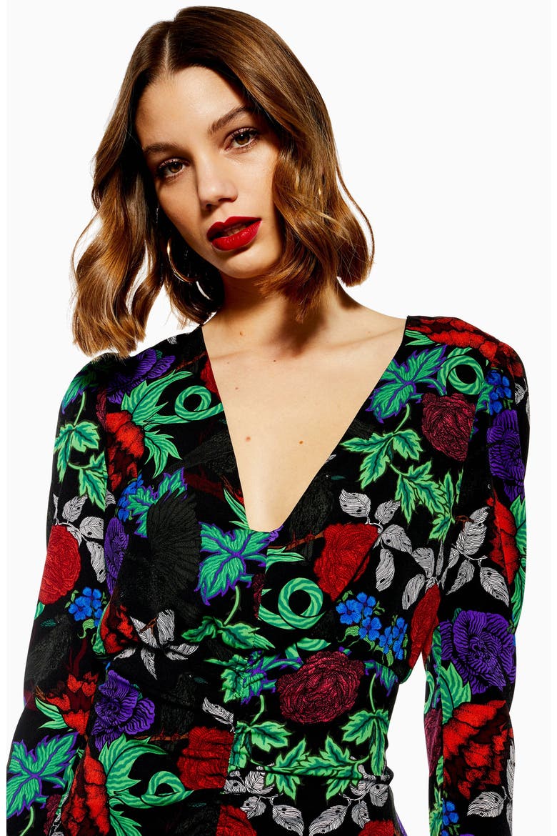Raven Floral Midi Dress, Alternate, color, BLACK MULTI