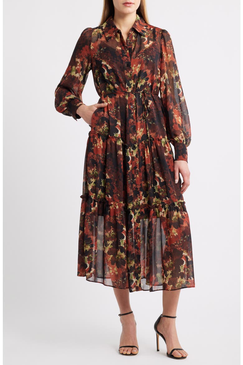 Floral Long Sleeve Tiered Chiffon Shirtdress, Main, color, BROWN MULTI