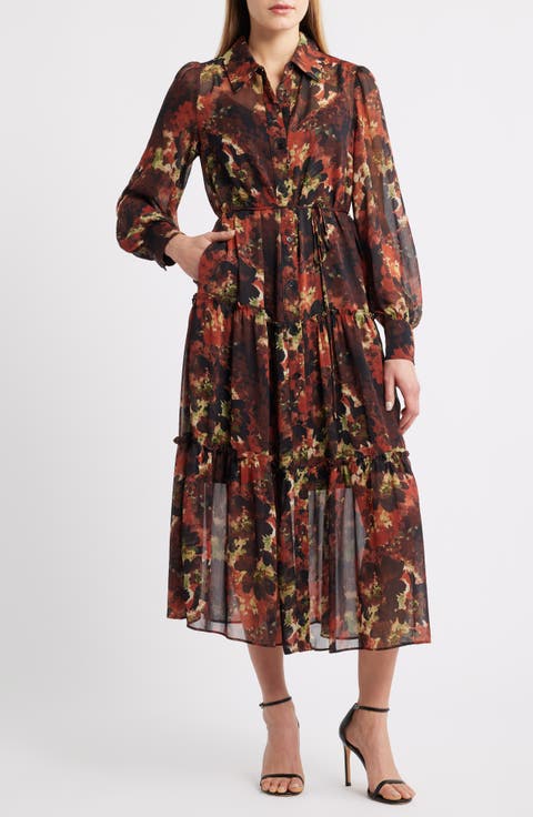 Floral Long Sleeve Tiered Chiffon Shirtdress