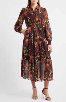 Julia Jordan Floral Long Sleeve Tiered Chiffon Shirtdress
