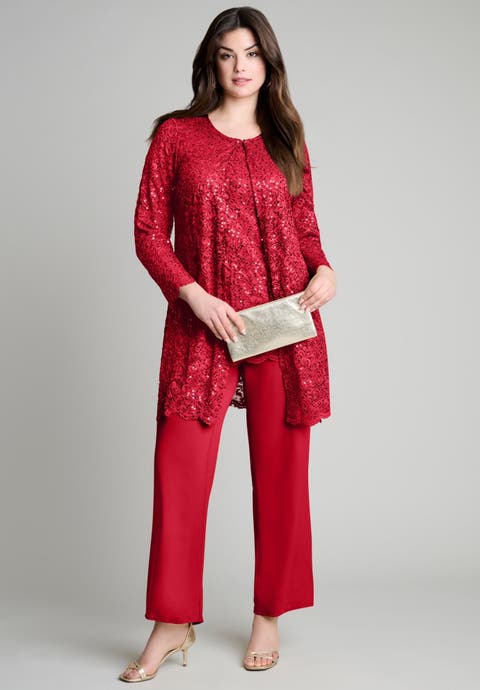 Plus-Size 3 Piece Allover Sequin Lace Jacket and Tank Pant Set (Plus)