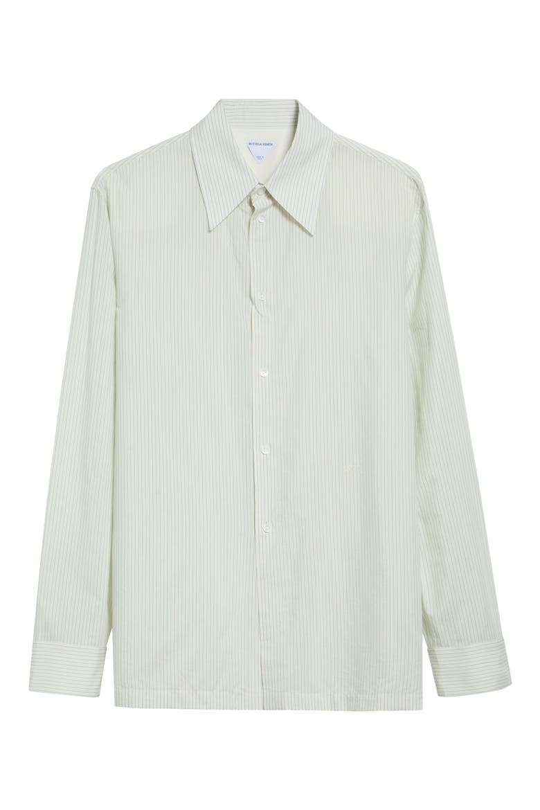 Pinstripe Cotton & Cupro Button-Up Shirt, Main, color, 9363 RICE/ MALACHITE