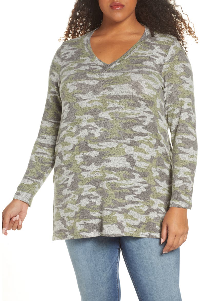 Cozy V-Neck Tunic, Main, color, GREEN CAMO