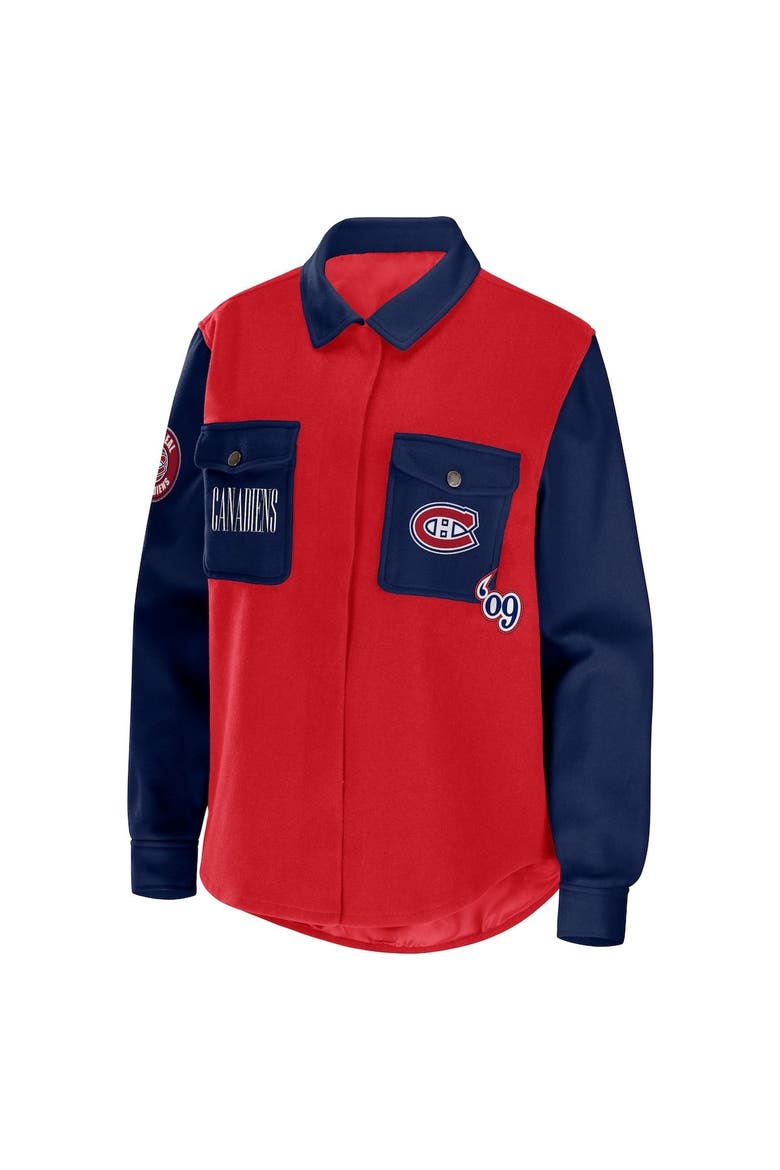 Women's WEAR by Erin Andrews Red/Navy Montreal Canadiens Colorblock Button-Up Shirt Jacket, Alternate, color, Red