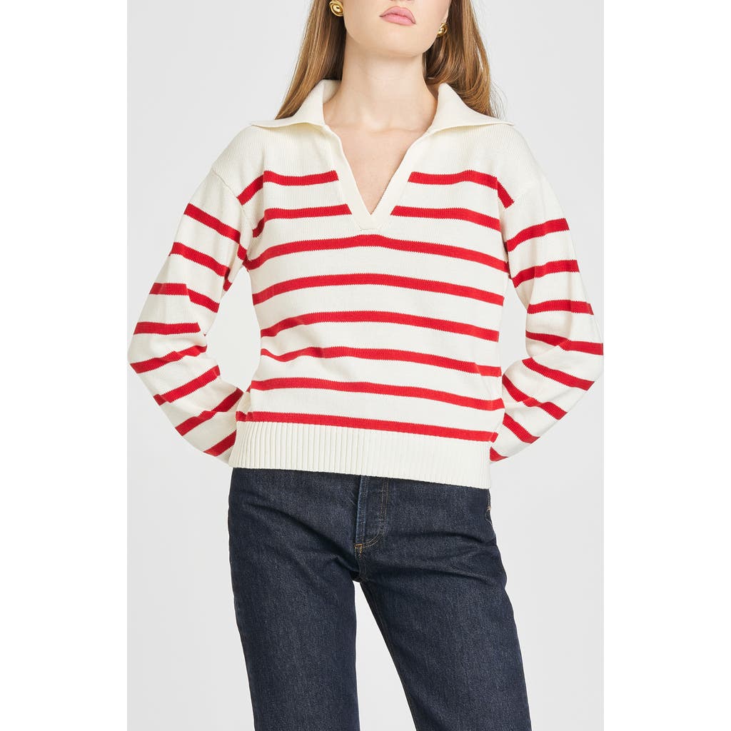 Wayf Port Stripe Johnny Collar Cotton Sweater In Ivory Red
