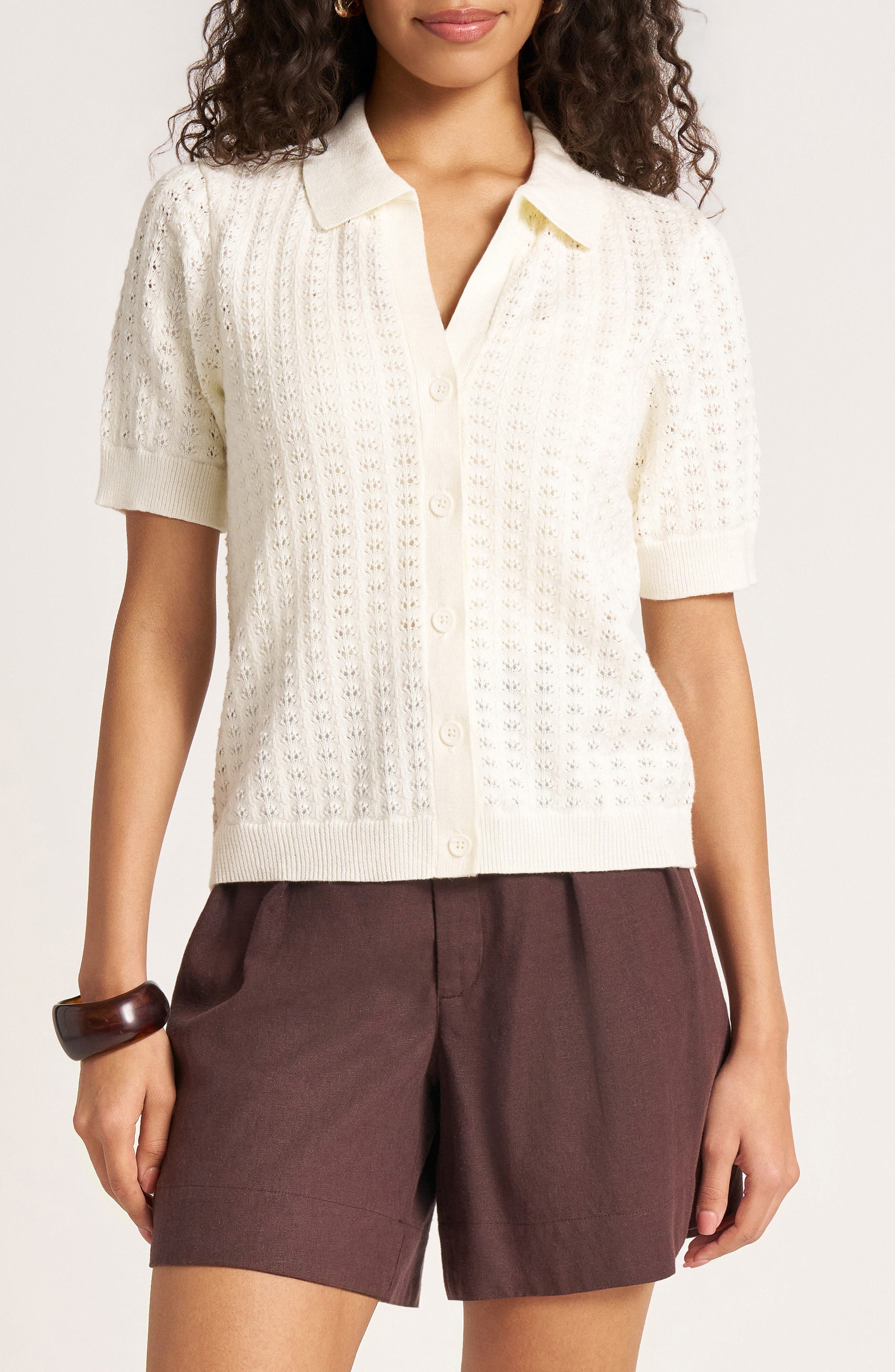 Matty M . Solana Pointelle Polo Cardigan In White