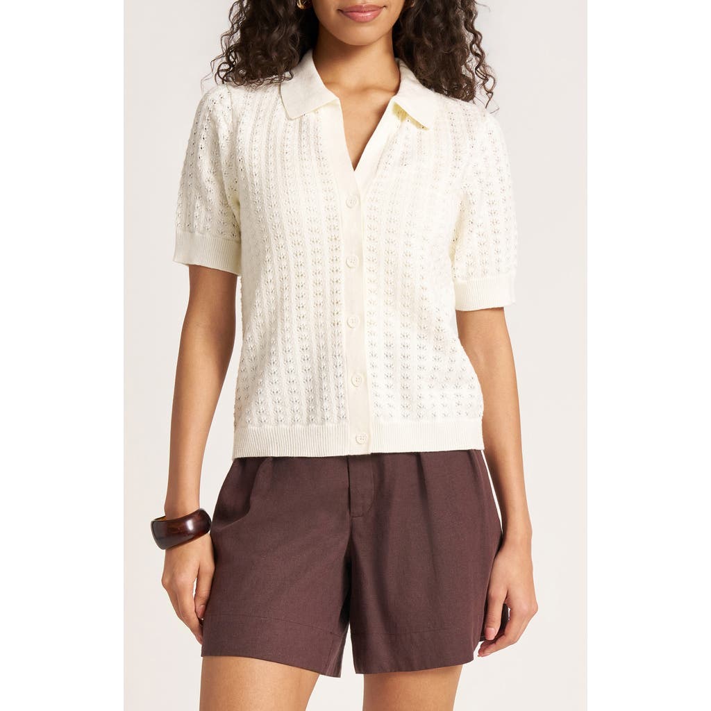 Matty M . Solana Pointelle Polo Cardigan In White