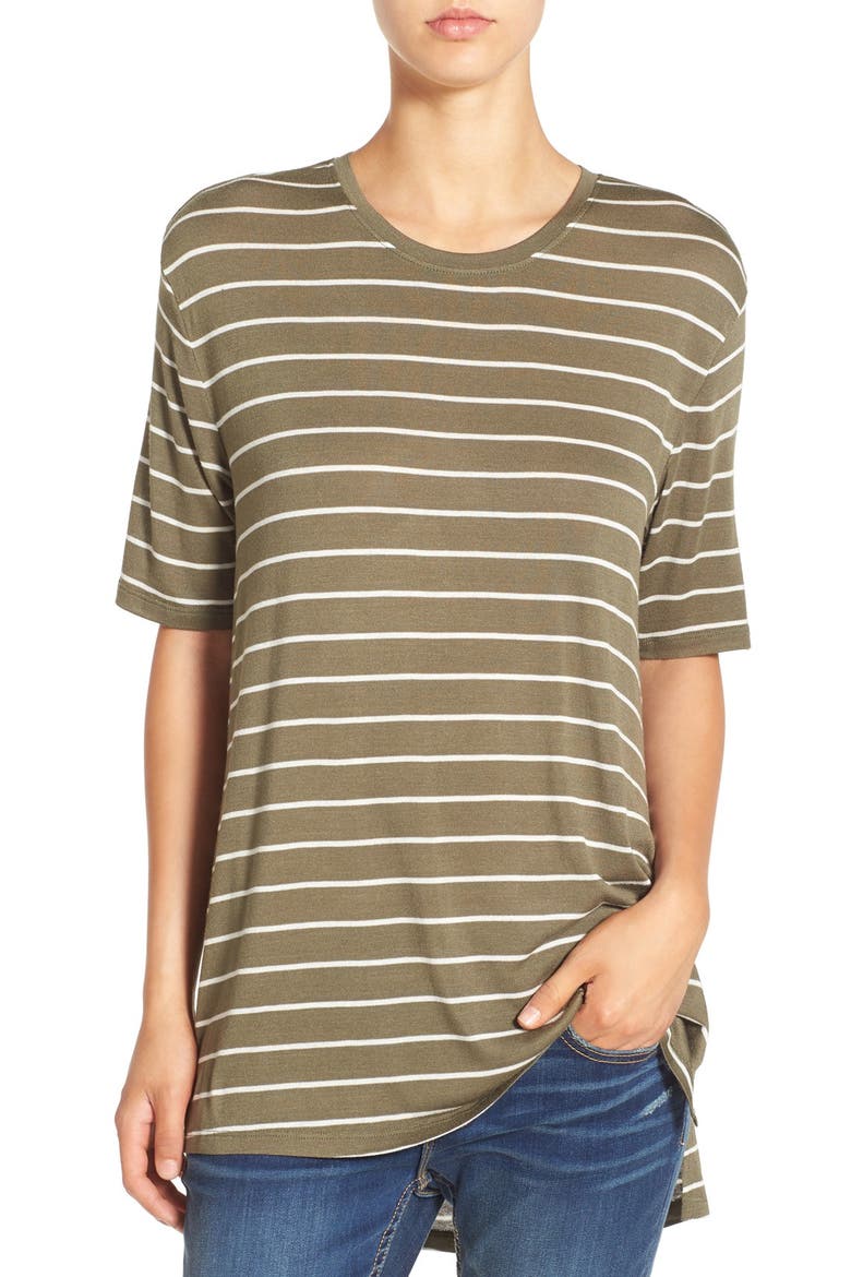 Short Sleeve High/Low Lightweight Tee, Main, color, OLIVE BURNT JENNA STRIPE