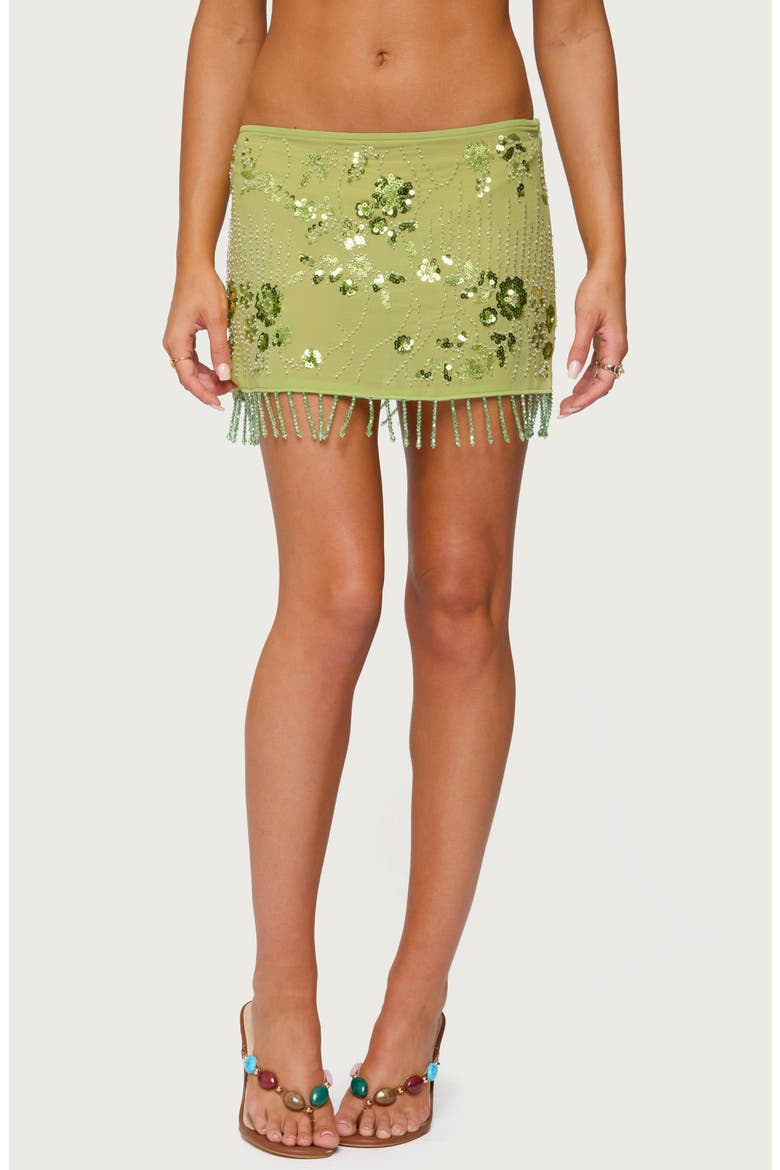 Embellished Fringe Semisheer Miniskirt, Main, color, GREEN