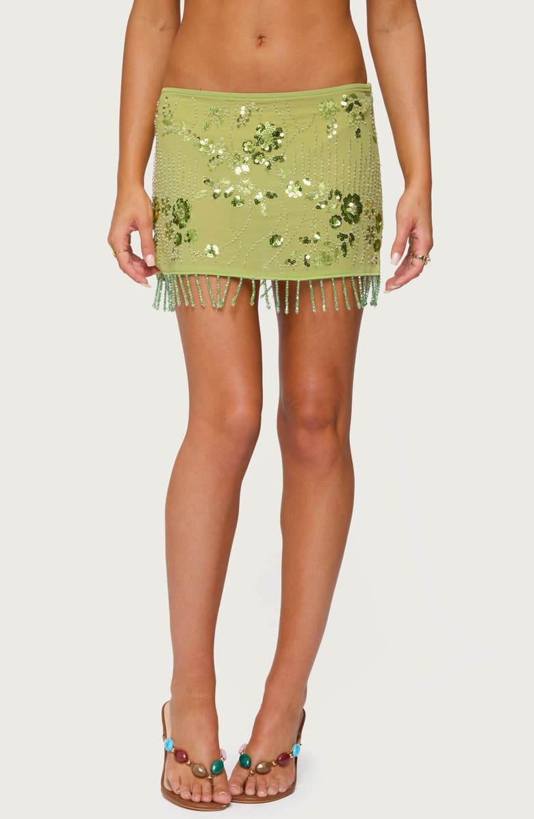 EDIKTED Embellished Fringe Semisheer Miniskirt, Main, color, Green