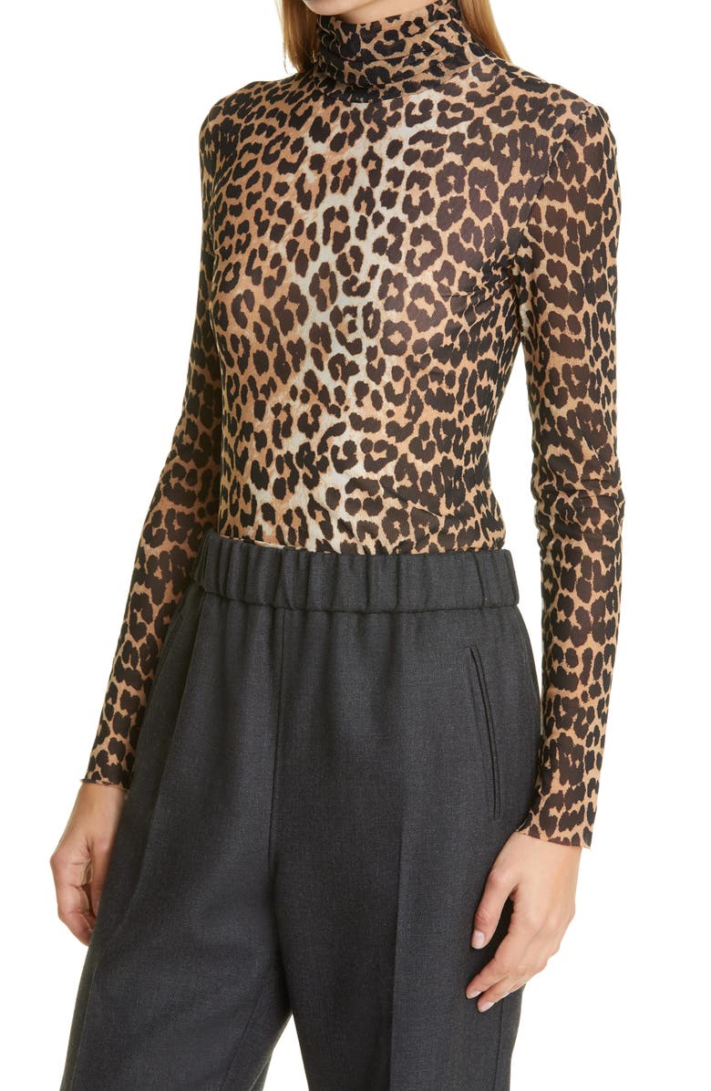 Ganni Animal Print Mesh Turtleneck Top, Alternate, color,