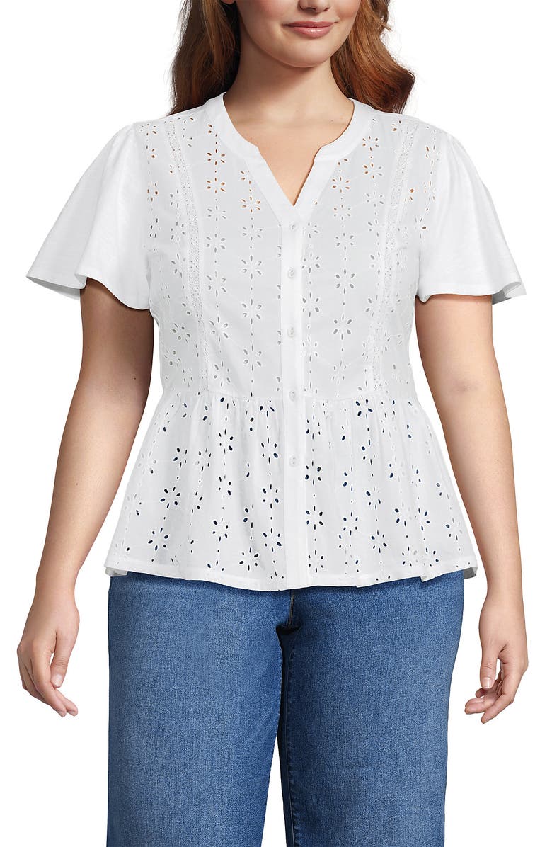 Lands' End Short Sleeve Mixed Media Eyelet Top, Main, color, White