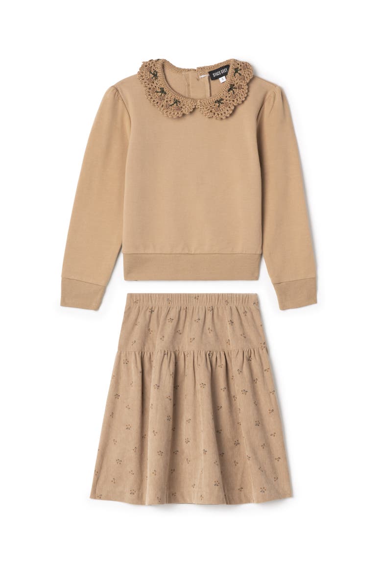 Space Grey 2 Piece Corduroy Skirt Set with Crochet Collar French Fleece Sweater, Main, color, Dusty Pink