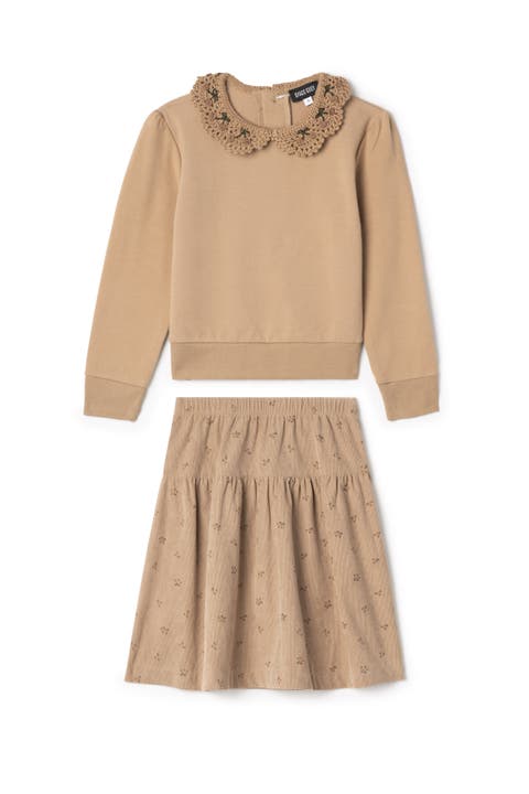 2 Piece Corduroy Skirt Set with Crochet Collar French Fleece Sweater (Little Kid & Big Kid)