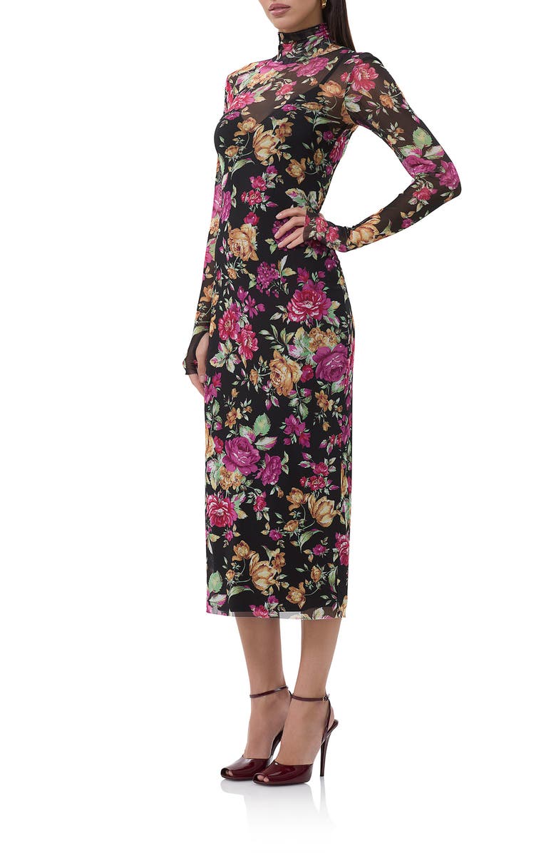 AFRM Shailene Turtleneck Long Sleeve Mesh Midi Dress, Alternate, color, Dusted Floral