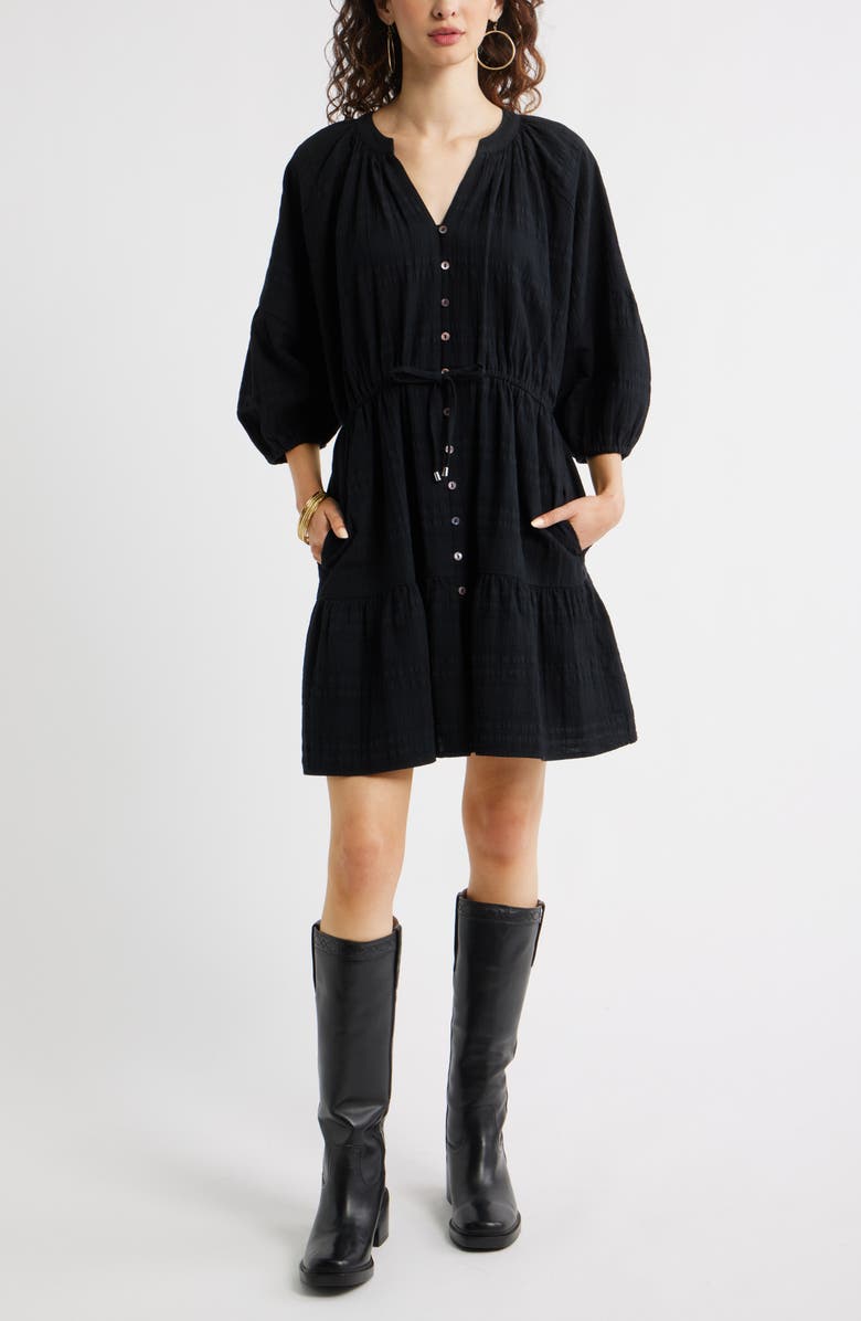 Treasure & Bond Button Front Cotton Seersucker Dress, Main, color, Black