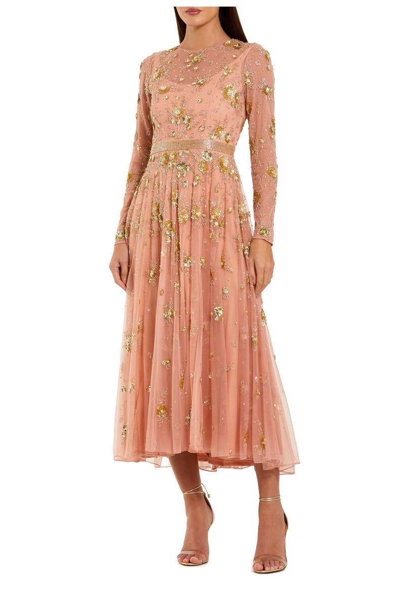 Mac Duggal Beige Beaded Long Sleeve A Line Midi Dress, Main, color, Peach