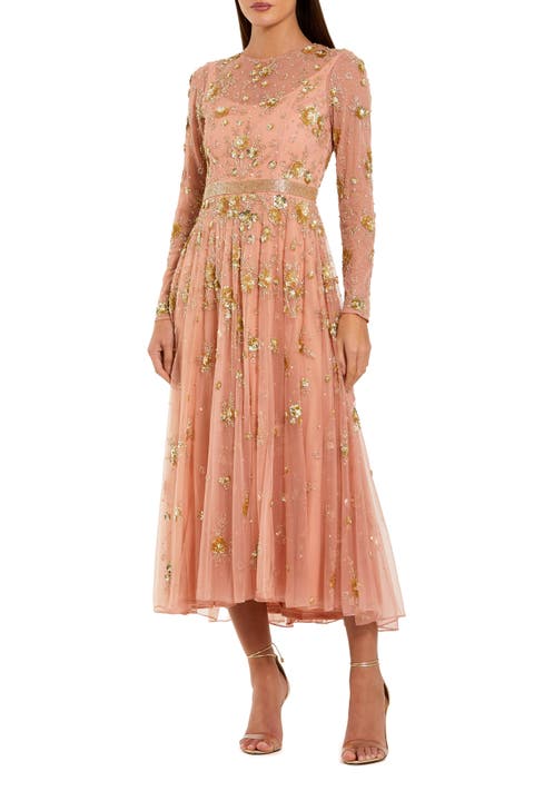 Beige Beaded Long Sleeve A Line Midi Dress