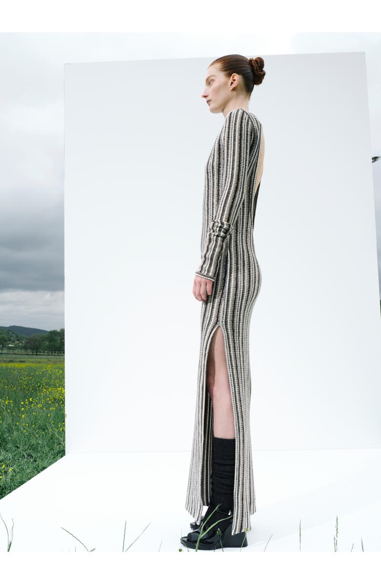 Labeca London Juniper Backless Striped Wool Maxi Dress, Alternate, color, Black