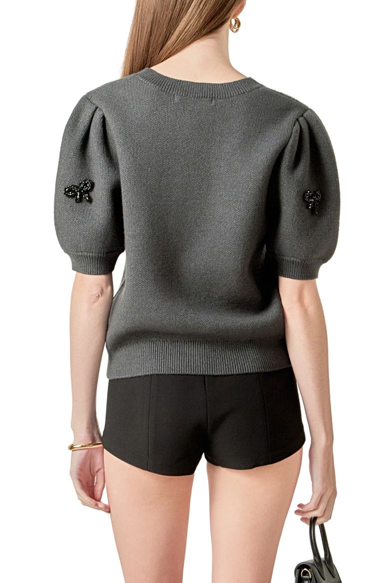 Embellished Bow Puff Short Sleeve Sweater, Alternate, color, CHARCOAL